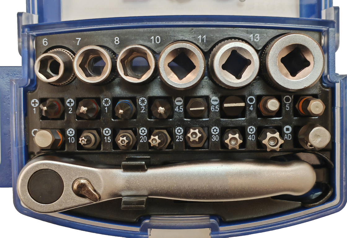 Socket &amp; bit set 1/4&quot; drive 25 pcs S2/CR-V steel with turning belt clip Mini ratchet spanner in a sturdy plastic box